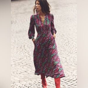 Boden Paisley Midi Maxi Jersey Dress 6L Long Sleeve Smocked Waist Boho